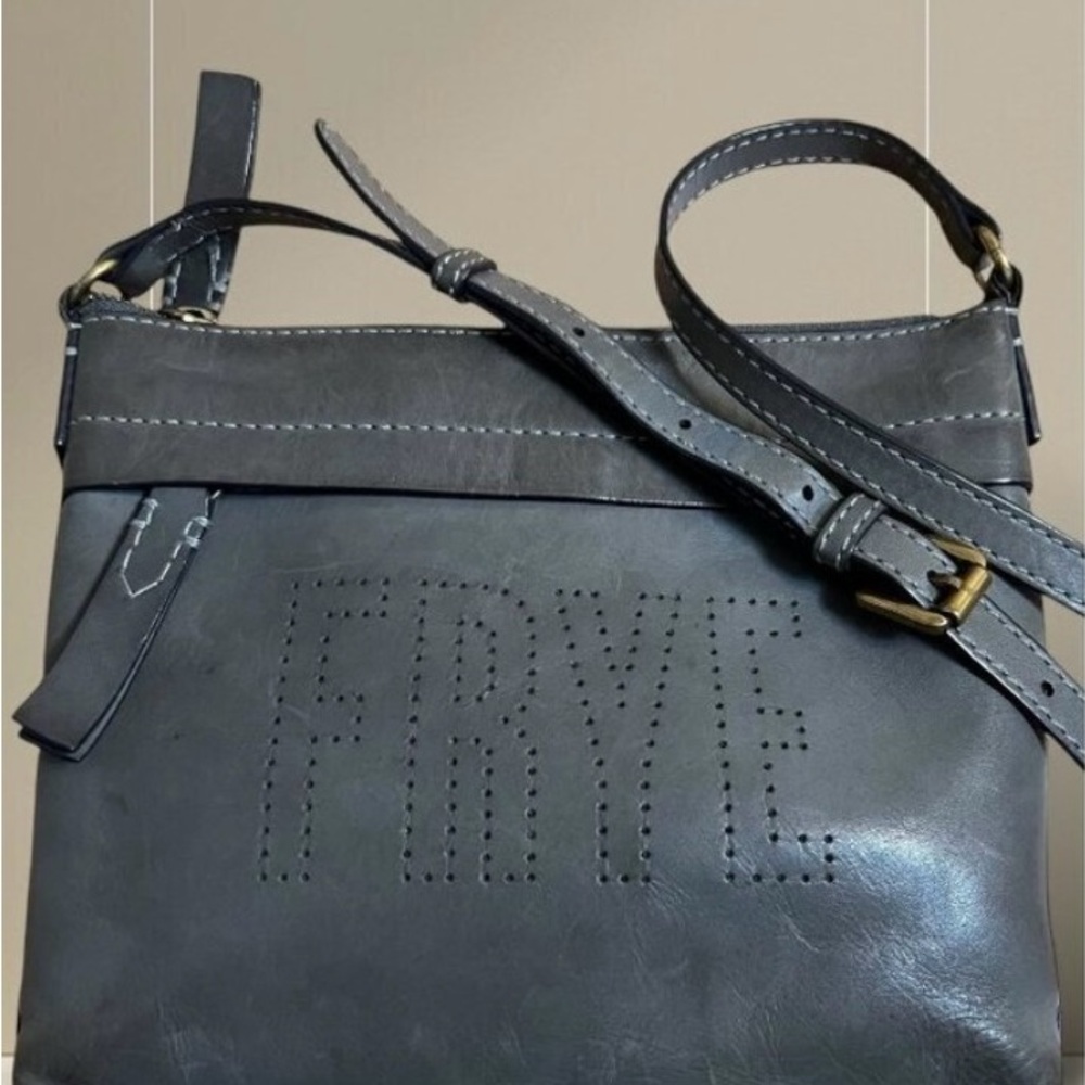 Frye Gray Carson Boho Crossbody Purse With Adjustable Strap & Perforated Logo - Picture 3 of 7
